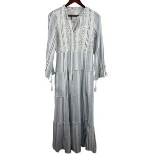 Raga | Fleri White Blue Stripe Floral Embroidered Tie Sleeve Maxi Dress New